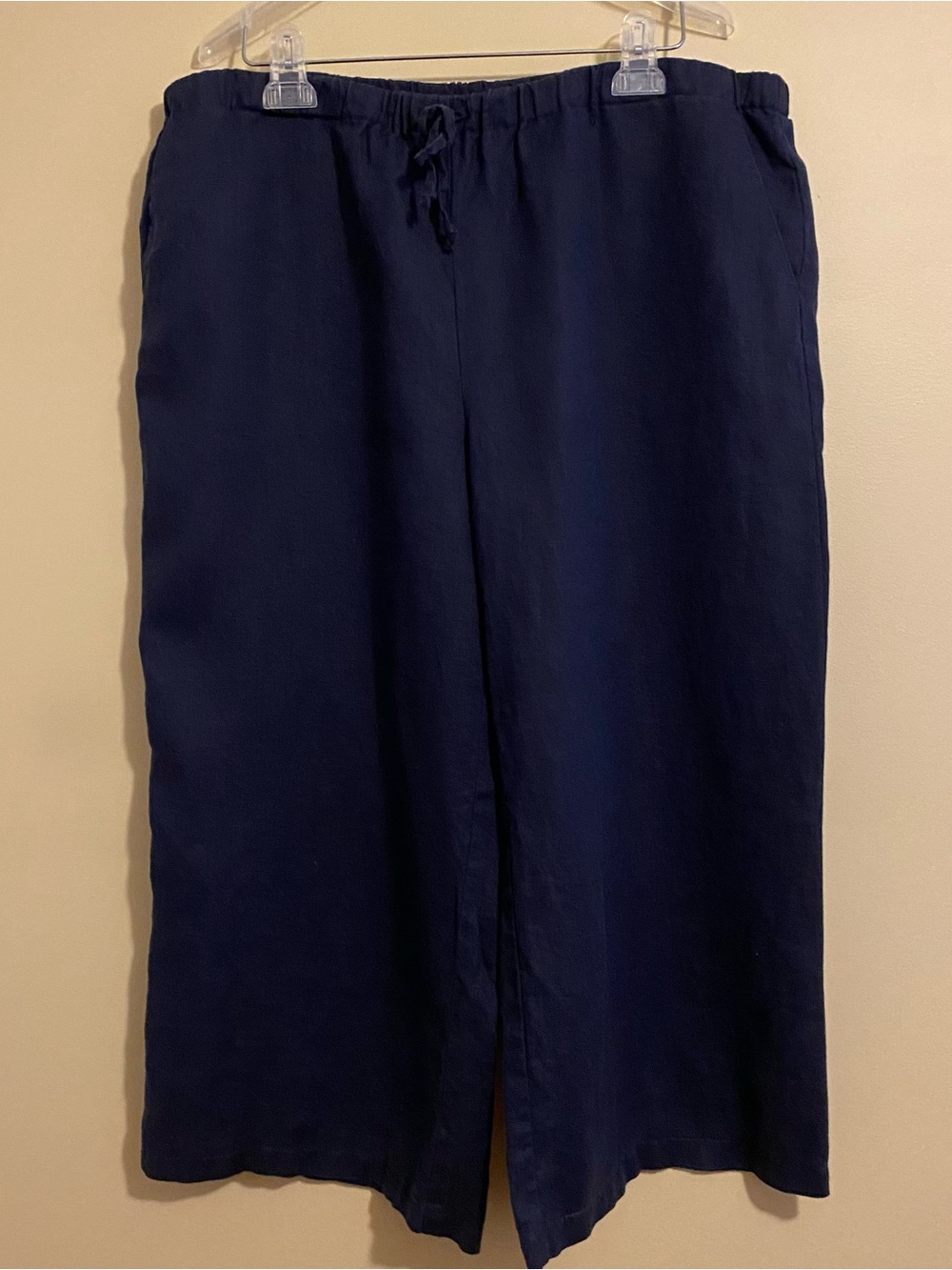 Kate Hill Women’s 100% Linen Pull On Drawstring Capris Side Pockets Size XL Blue